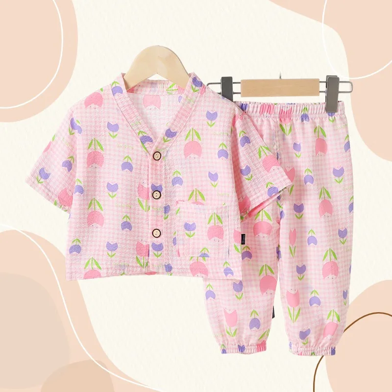 Neue Kinder Sommer dünne Pyjamas setzt Jungen Mädchen Cartoon Dreiviertel ärmel V-Ausschnitt Hemd Tops mit Hosen Baby Nachtwäsche Lounge wear