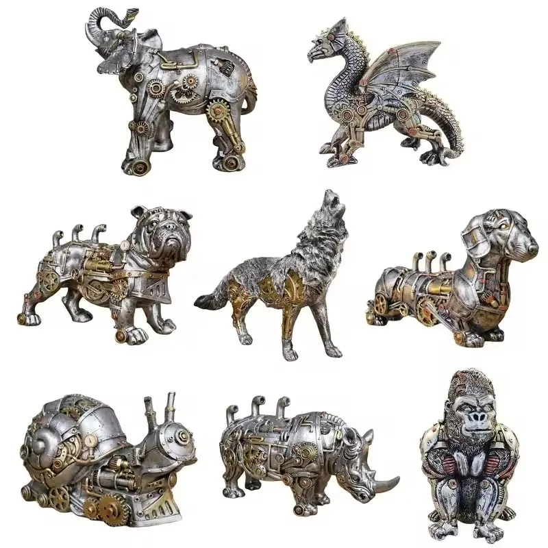 Steam Machinery Punk Animal Sculpture Ornament Resin Crafts Mechanical Dog Snails Rhino Figurine for Home Bedroom Desktop Decor
