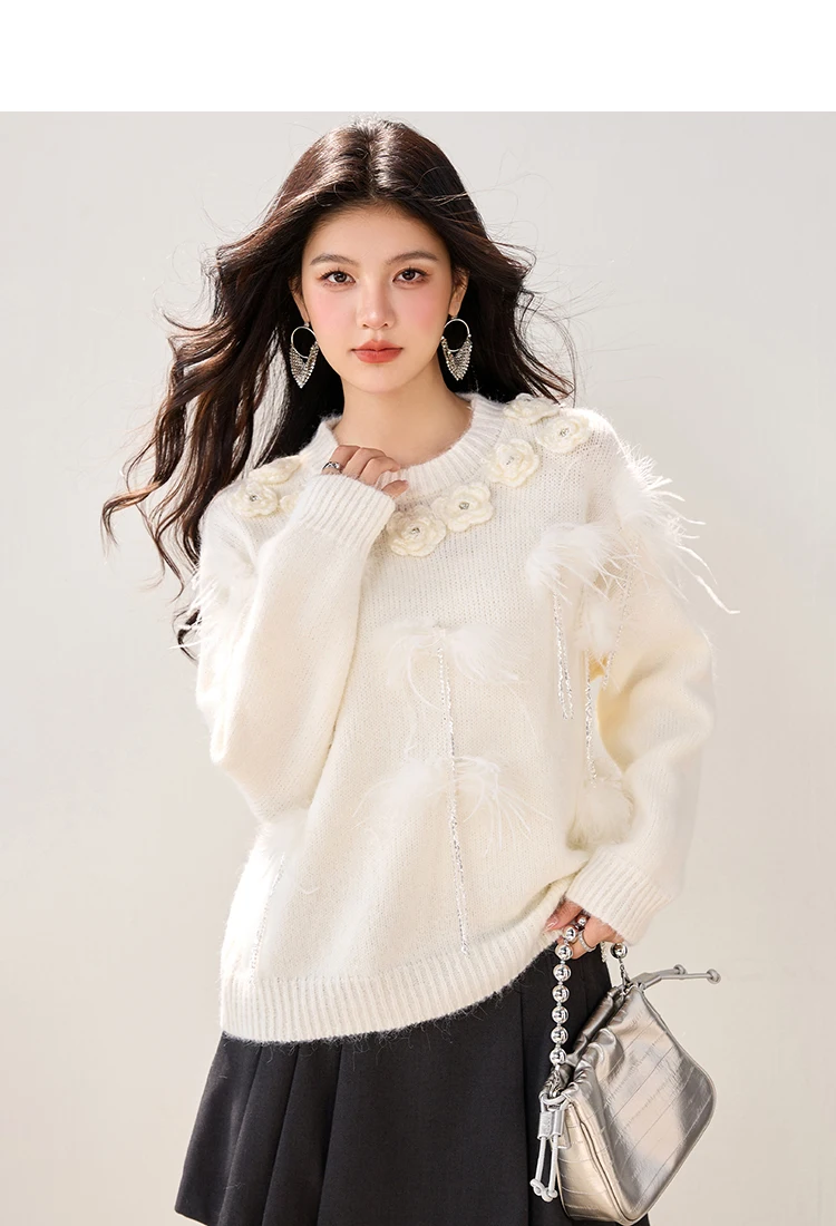 2025 Maglione invernale con perline per unghie con piume Maglione lavorato a maglia a maniche lunghe con cappuccio dolce e temperamento del vento delicato da donna