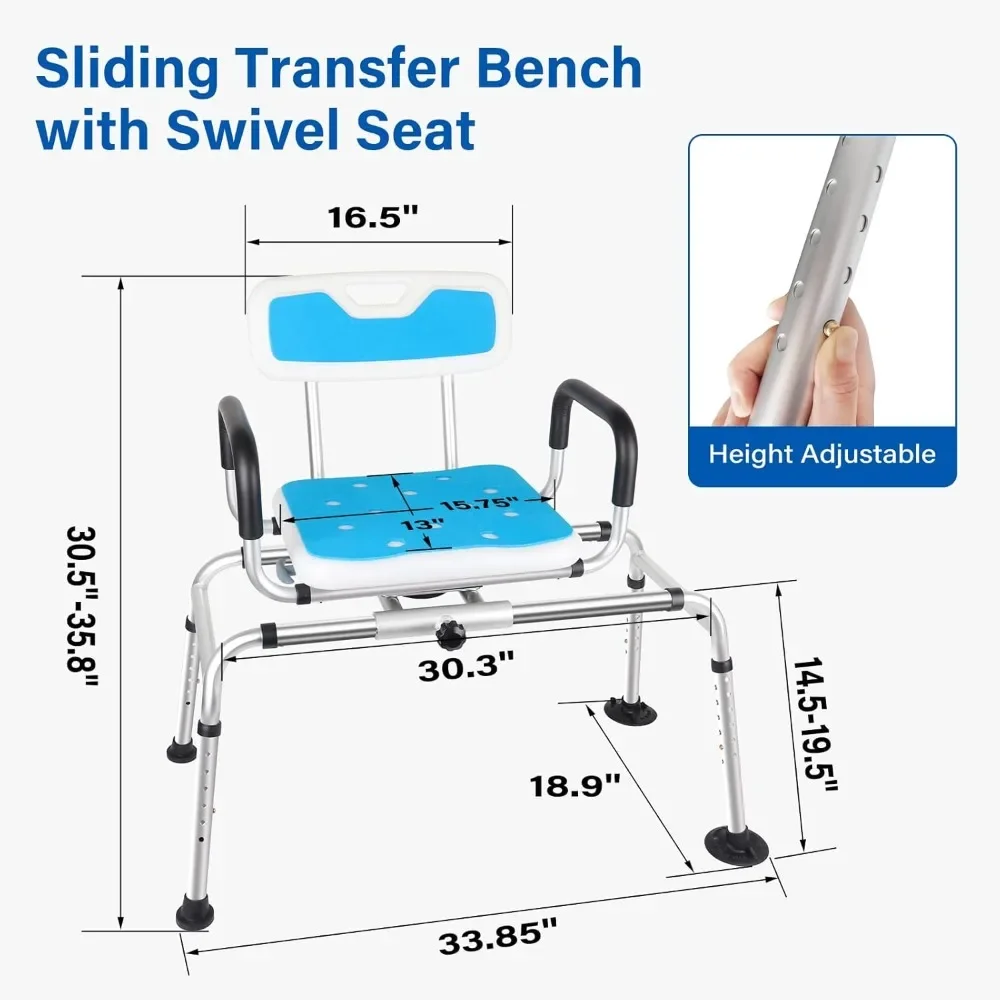 Sliding Shower Chair  Height Adjustable Tub Transfer Bench for Shower Swivel Seat Bath & Shower Safety Seating