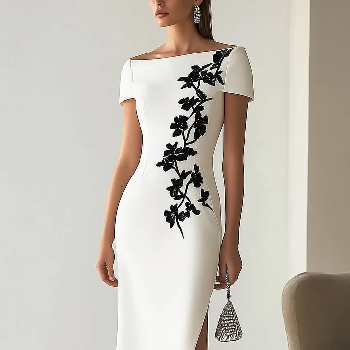 Printed Short Sleeve Gown with Pencil Skirt Streetwear Off Shoulder Neckline Printed Pattern Single Dress Summer for Women