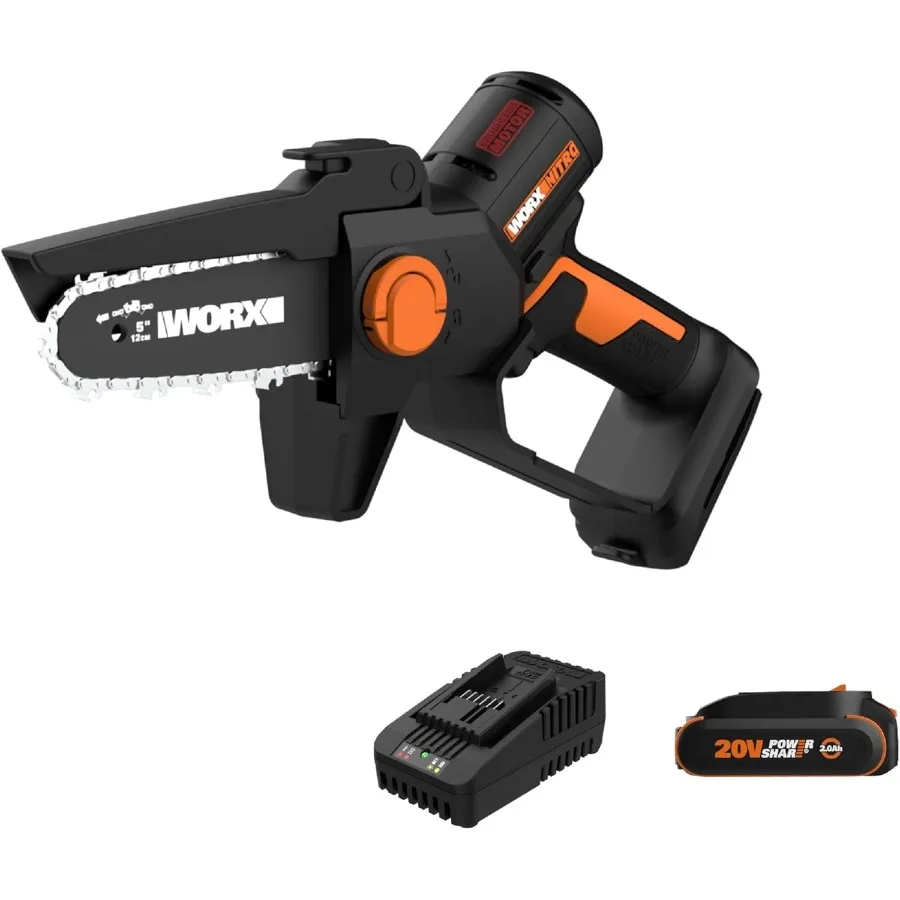 

20V 5" Cordless Brushless Chainsaw with 2.0 Ah Battery and Charger Included for Efficient Outdoor Cutting Tasks Light