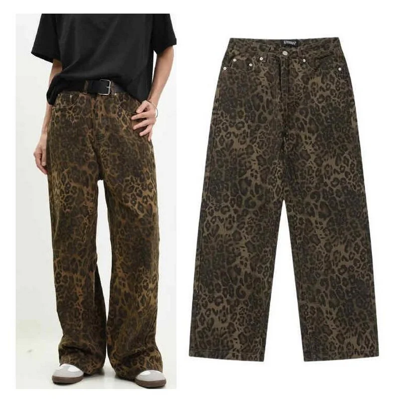 

Women Jeans High Street Leopard Print Wide Leg Pants Denim Y2k Hip-hop Loose Baggy Trousers