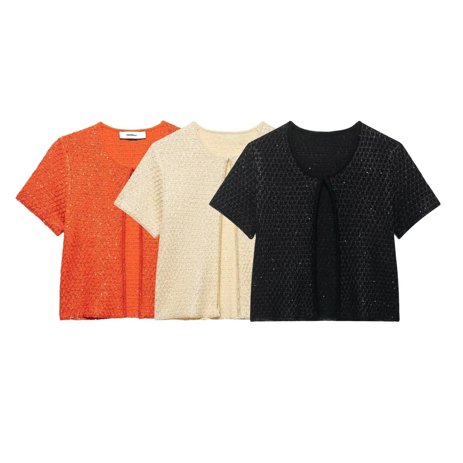 Set lavorato a maglia a maniche corte decorato con perline versatili da donna nuove estive all'ingrosso Top versatile a maniche corte e design con scollo all'americana