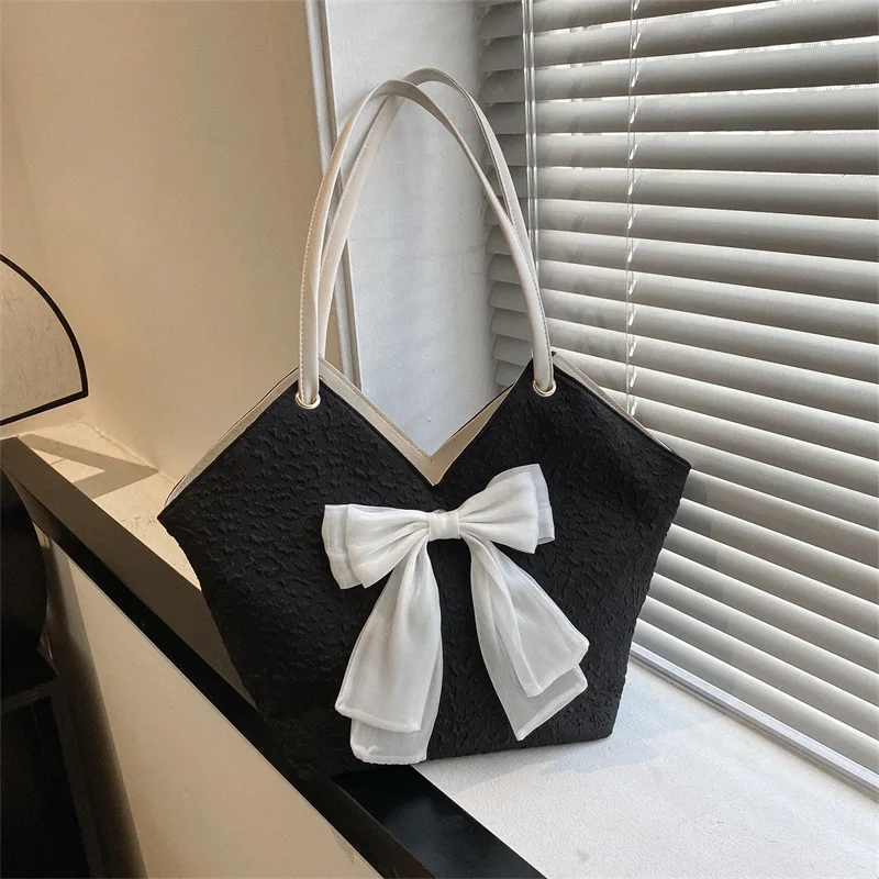 Large Capacity Handbag For Women New Fashion Simple Women's Bag Western Style Pleated Bow Knot Casual One Shoulder Tote Bag