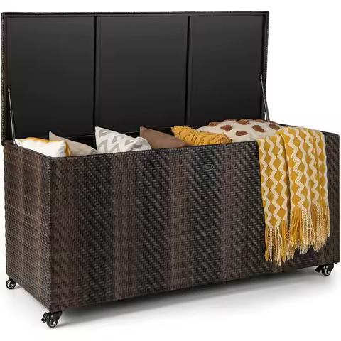 Outdoor Rattan Deck Box, 96 Gallon PE Wicker Patio Storage Box with 4 Wheels and Liner, 2-in-1 Multifunctional Storage