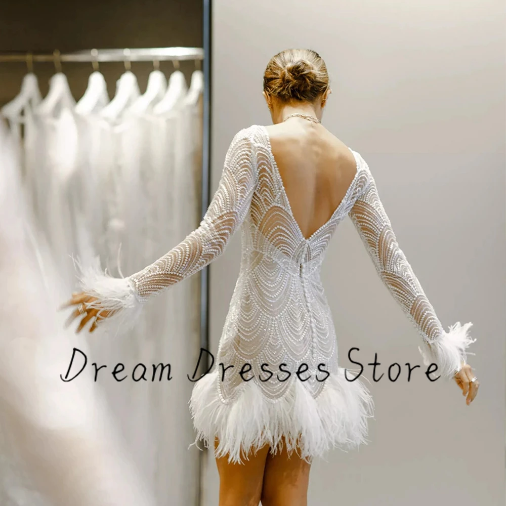 Elegant Boho White Evening Dress Long Sleeve Feather Lace Scoop Neck and Backless Bridal Wedding Party Prom Mini Customized