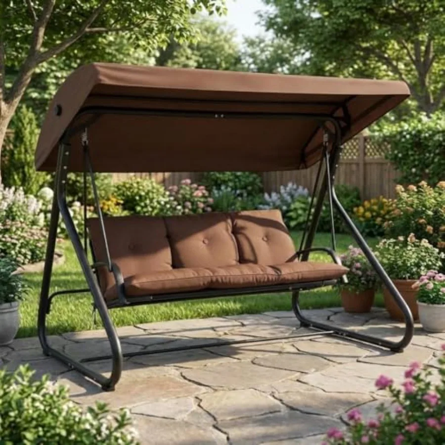 

Усиленные 3-местные уличные качели-диван с регулируемым навесом, трансформируемые в раскладную кровать, со съемными подушками, нагрузка до 750 фунтов