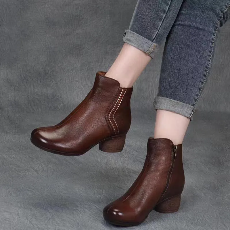 Women\'s Single Boots Spring andAutumn New National Retro Round Head Short Boots Casual Fashion Increase Waterproof Leather Shoes