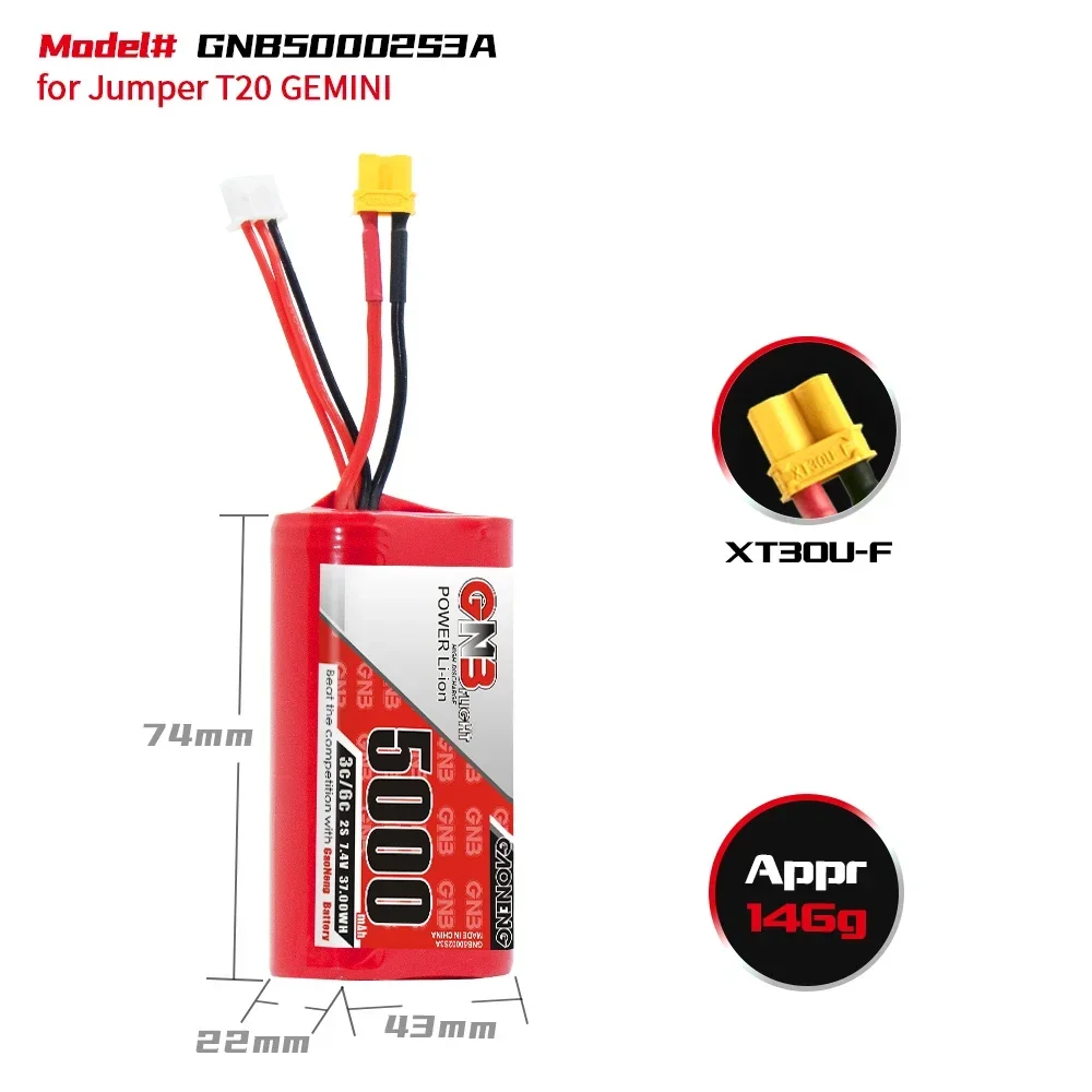 GAONENG GNB 5000mAh 2S 3C 6C 7.4V XT30 LiPo Battery for RadioMaster Boxer