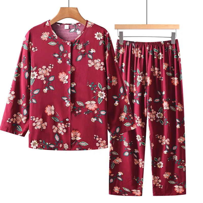 Conjuntos de pijama de duas peças para mãe de meia idade, manga comprida, moda coreana, calças, roupa doméstica, primavera, outono, verão