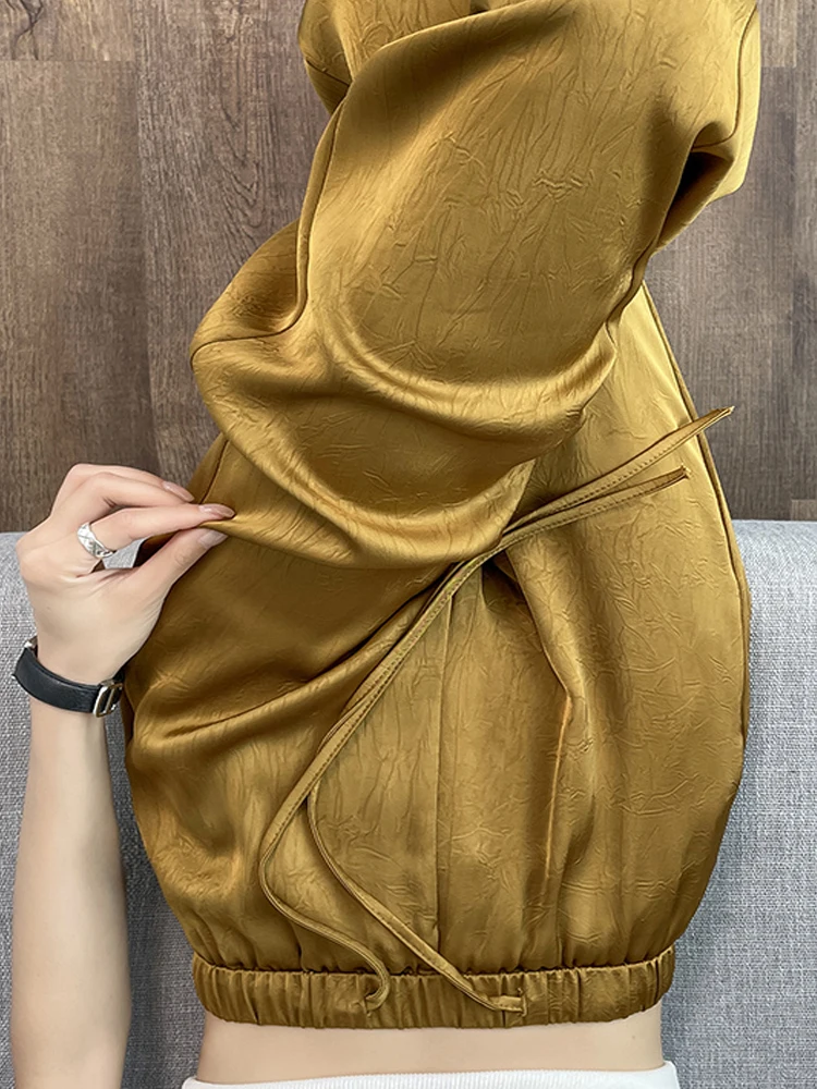Women Solid Color Leisure Satin Jacquard Baggy Elastic Waist Wide Leg Palazzo Pants Pocket Wide Leg Long Pants Calcas Feminina