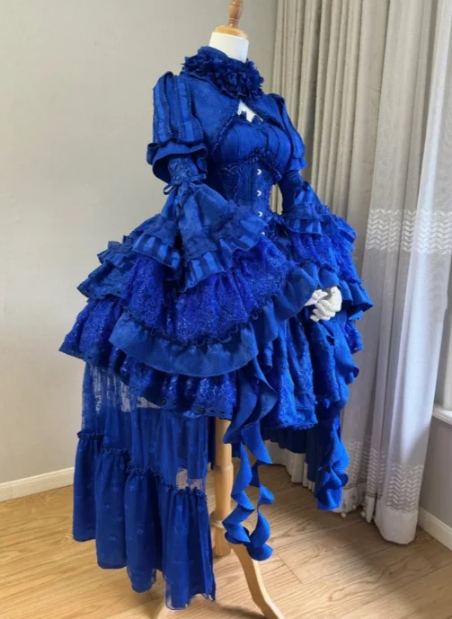 Customized Victorian Royal Blue Ball Gown High Collar Lace Waist Cinching Lolita-Style Graduation Ball Evening Dresses prom dres