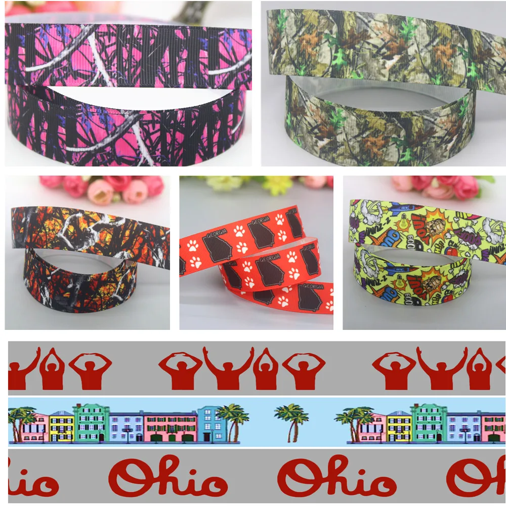 DUWES 50yards Camo State Ohio Rainbow Bang Boom Wow Printed Grosgrain Ribbon Accessories Headwear Collar DIY Sewing Craft D2568