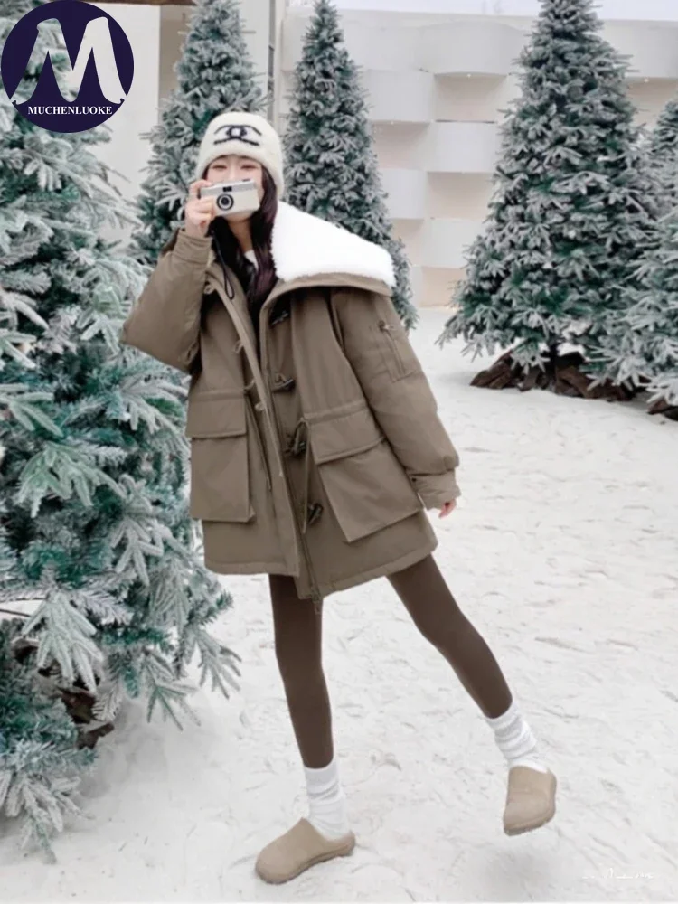 سترة شتوية نسائية أنيقة بأكمام طويلة وياقة من الفرو ودفء سميك على الموضة الكورية معطف سترة فضفاض واسع وطية صدر السترة #3