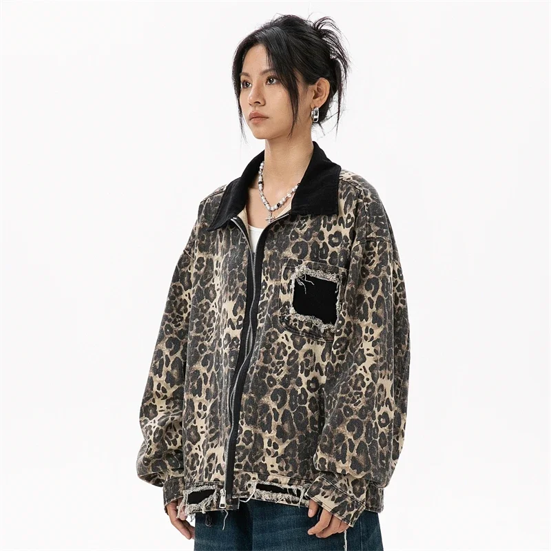 Women\'s Vintage Short Windbreaker Jacket Autumn 2024 Luxury Brand Cotton Leopard Denim Jackets for Woman Women\'s Autumn Clothes