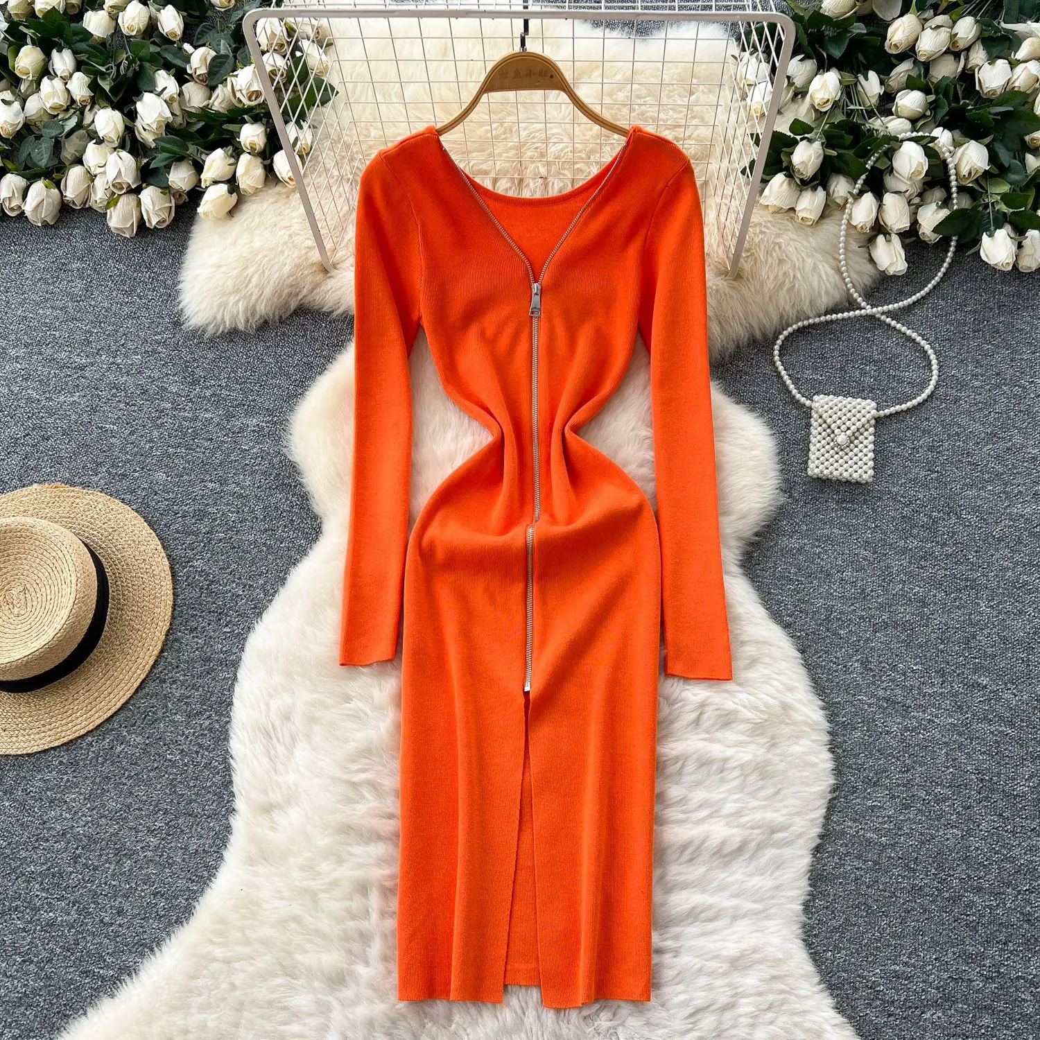 

Long Dress Women Knit Dresses A Line Vestidos Y2k Streetwear V Neck Zipper Full Sleeve Elegant Splice Party Night Work 2025
