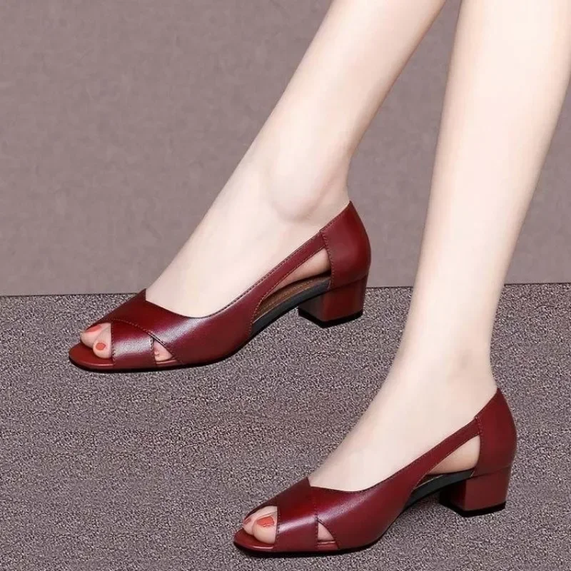 Summer Women's High Heel Sandals Retro Open Toe Fish Mouth Shoes High Quality Women's Medium Heel Square Heel Shoes for Women