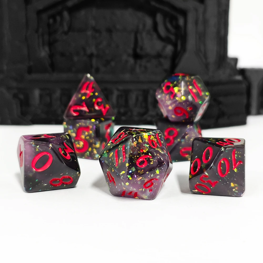 7pcs Black Galaxy Dice Set, Polyhedral with Red Digits for DND Black Sparkle Foil for RPG & MTG