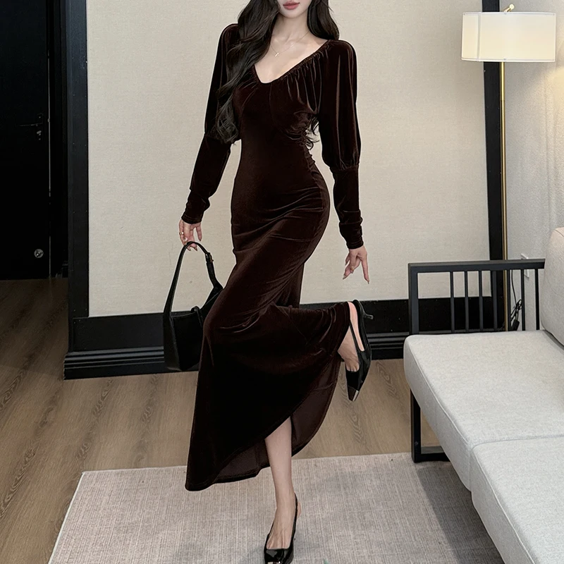 

Vintage Elegant V Neck Party Dress Women Long Sleeve Spring Fall Club Evening Long Dress Female Slim-fit Maxi Satin Dresses