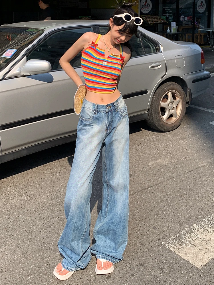 

Retro Low Waist Wide Leg Blue Jeans Women's Loose Straight Slimming Draping Pants Spring Autumn New Style Vintage Denim