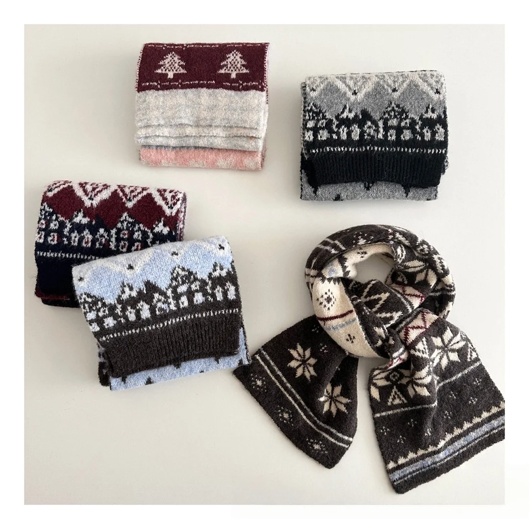 

Вязаный детский шарф для мальчиков и девочек, зимний теплый теплый шарф для шеи в стиле ретро с рождественским узором, детский вязаный шарф