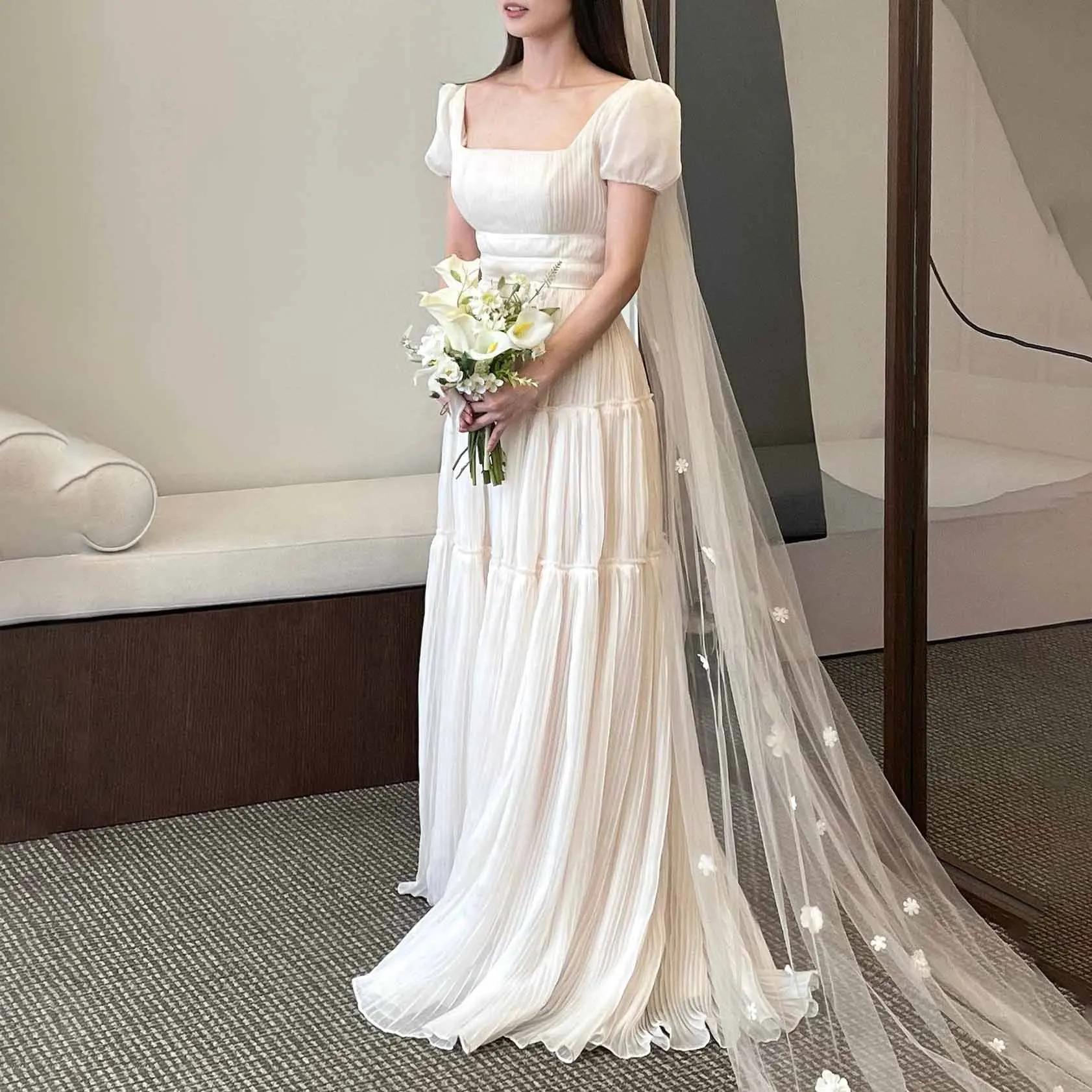 GIOIO Square Collar Korea Garden Evening Dresses Short Sleeves Formal 프롬드레스 Floor Length Elegant Prom Growns Party Women Bride