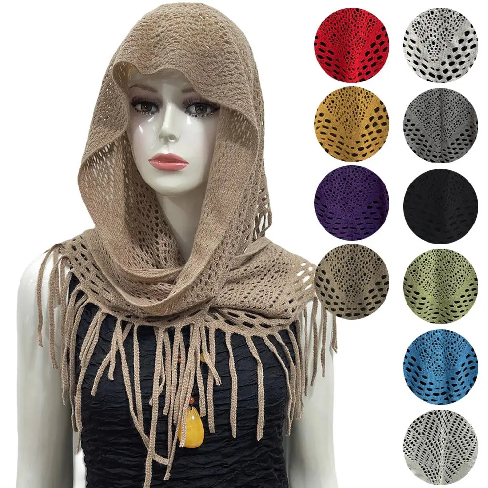 

Vintage Plain Knitted Tassels Scarves Air Conditioning Warm Wool Knitting Scarf Windproof Elegant Artificial Wool Fringe Shawl