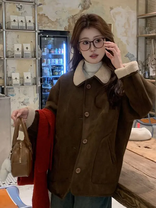 

Women's Short Lamb Fur Jacket Suede Velvet Double-sided Wear Faux Leather Collar Retro Style Cotton Workwear Coat