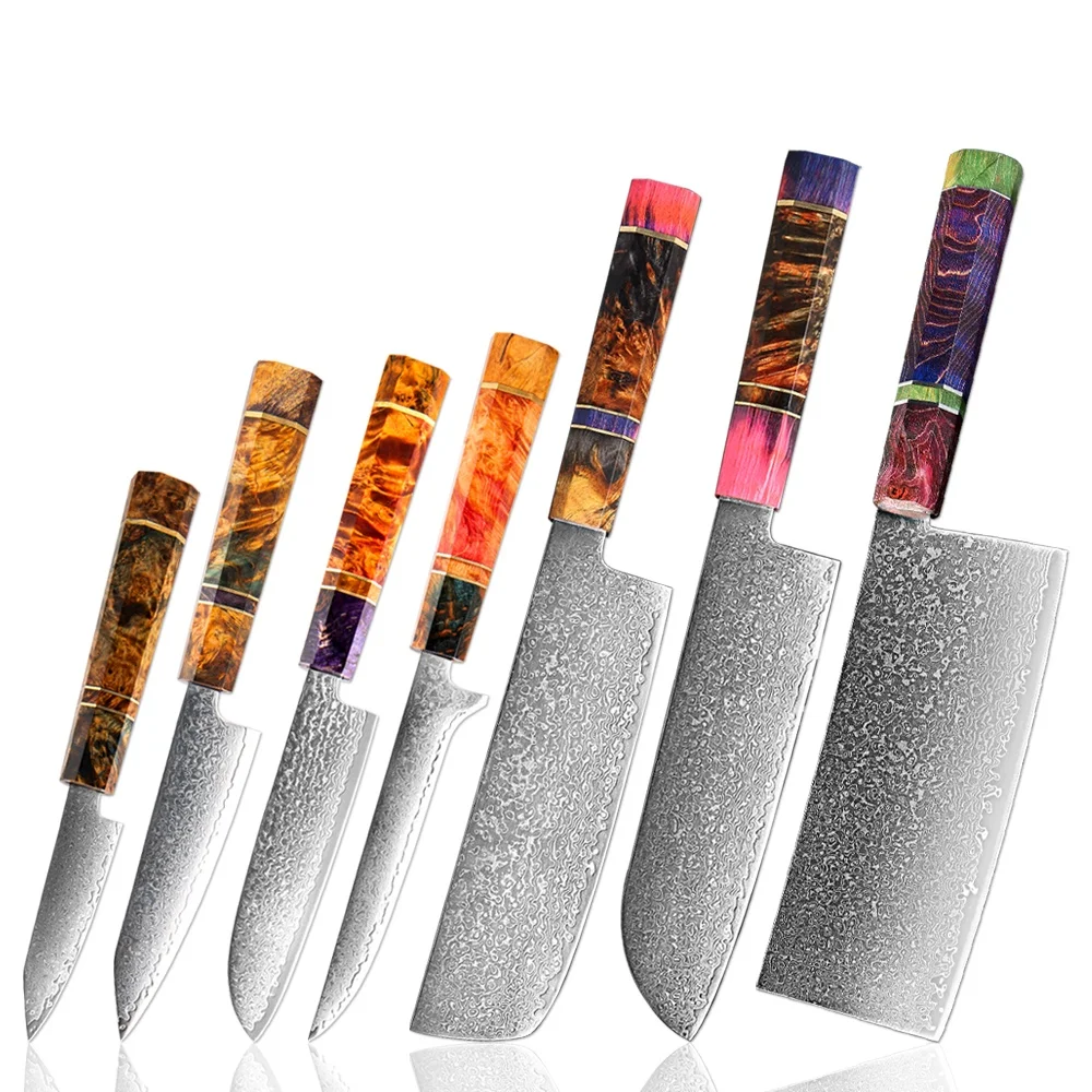

Damascus Steel Kitchen Knives Set 1-7PCS,Santoku,Cleaver,Paring,Bread ,Boning, Cooking Knives Octagonal Stable Wooden Handle