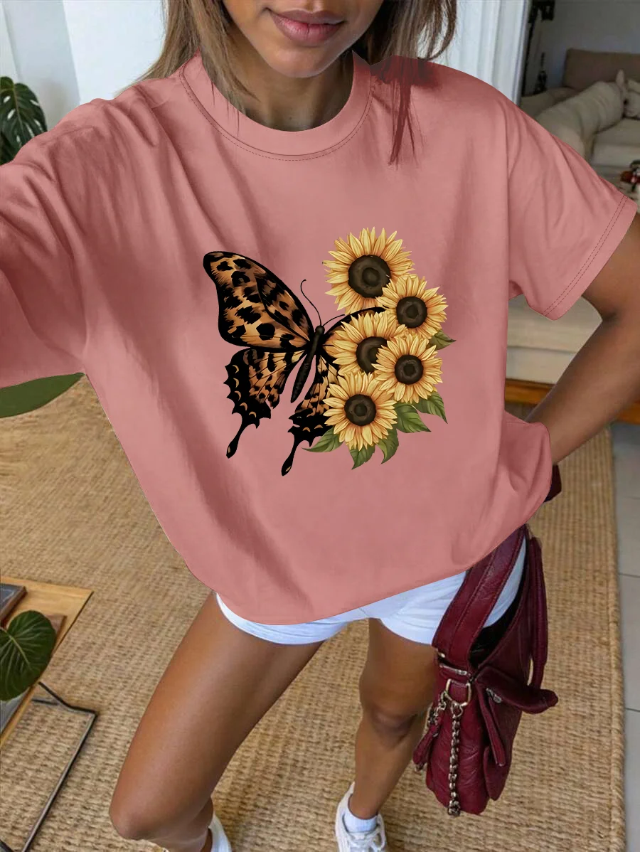 

Женские летние наряды больших размеров, футболка с короткими рукавами, леопардовый повседневный топ с рисунком бабочки и подсолнуха