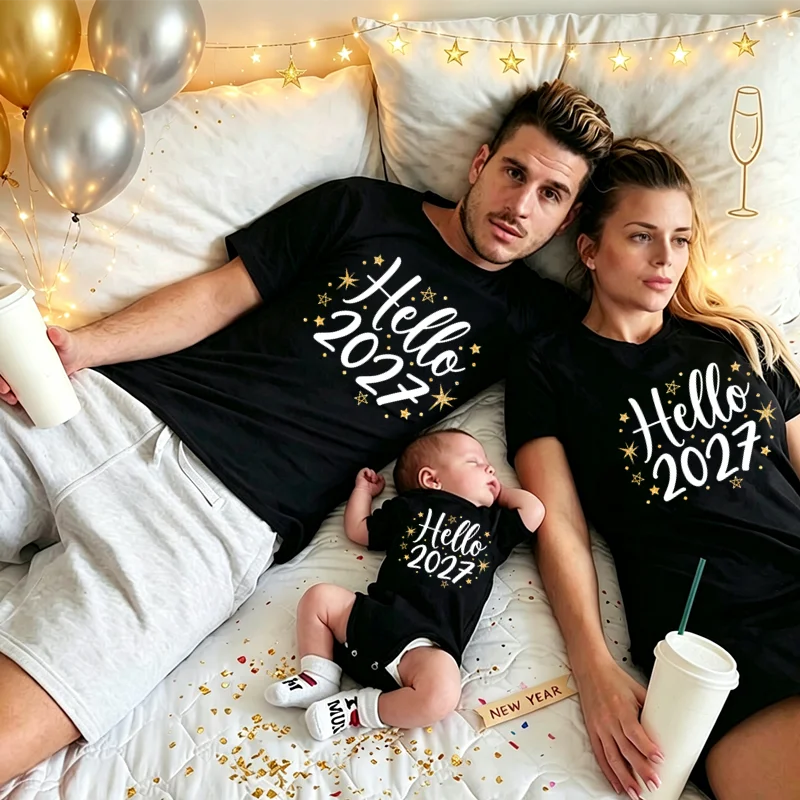 Hello 2027 Family Matching T Shirts Mother Father Baby Bodysuit New Year Family Look Outfit New Year Party Photography Clothes