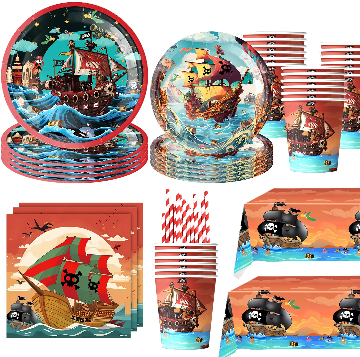 Vajilla de papel de vela de barco pirata de dibujos animados, favores para niños, tema pirata, bandera de feliz cumpleaños, decoración de fiesta, mantel, Kit de globos