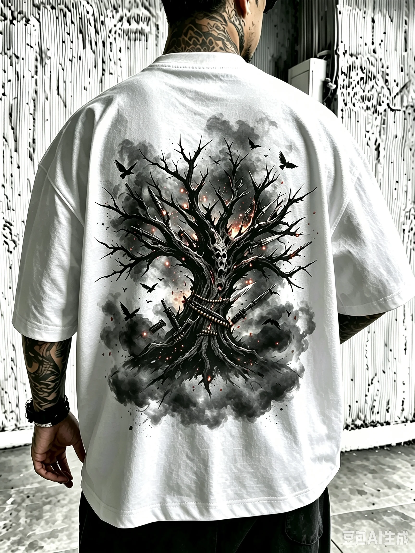 Men Women Unisex Oversized Cotton T-Shirt, Dark Gothic Mist Dead Tree Crow Bullet Weapon Skull Back Print Tee, Horror Vintage Streetwear Casual Short Sleeve Tops