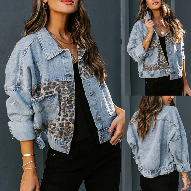 Autumn and Winter Women's Leopard Print Patchwork Denim Jacket Coat