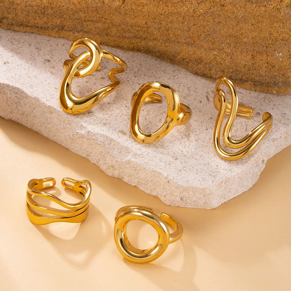

5pcs/set Titanium Steel Fashionable Design Ring Irregular Lines Hollow Stainless Steel Ring Set Adjustable Open Rings Jewelry