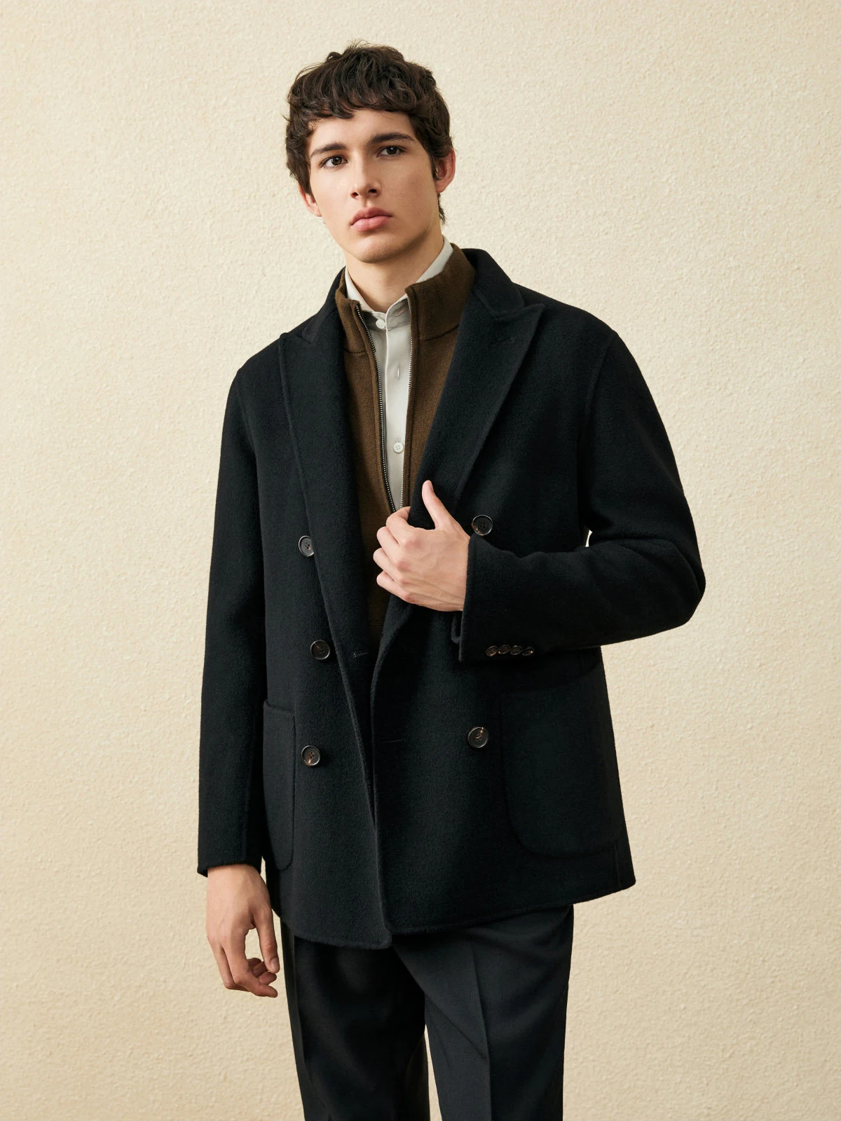 معطف قصير من الصوف بنسبة 100% للرجال |   معطف شتوي سميك أسود مزدوج الصدر |   معاووس وسترة دافئة ذات وجهين