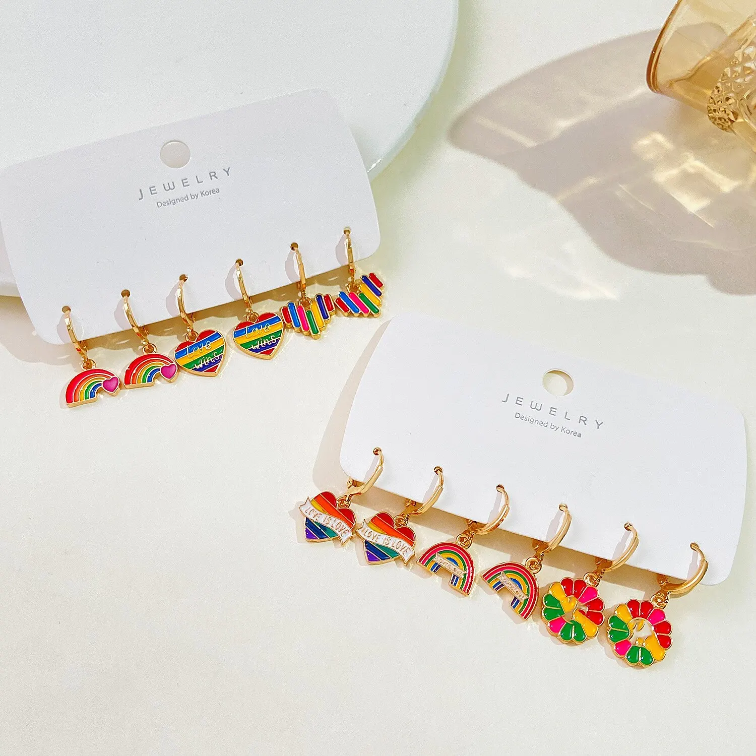 6 Pairs Set Boho Colorful Rainbow Love Heart Umbrella Drop Earrings for Women Wedding Bridal Kpop Piercing Earring Y2K Jewelry