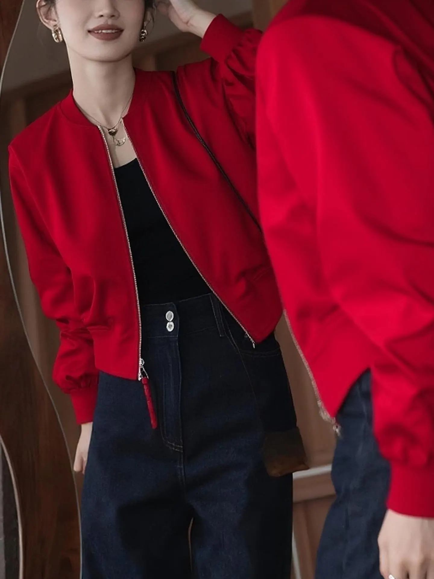 

Warm Cotton Filled ort Baseball Jaet round Ne Casual Sle Women's Outerwear Red Color Cact Size Winter New Arrival