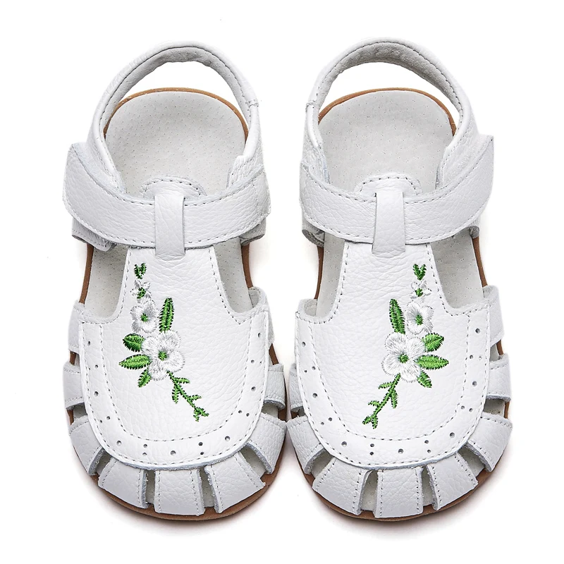 

White Embroidered Genuine Leather Closed Toe Girls Sandals Soft Flat Summer Shoes for Kids