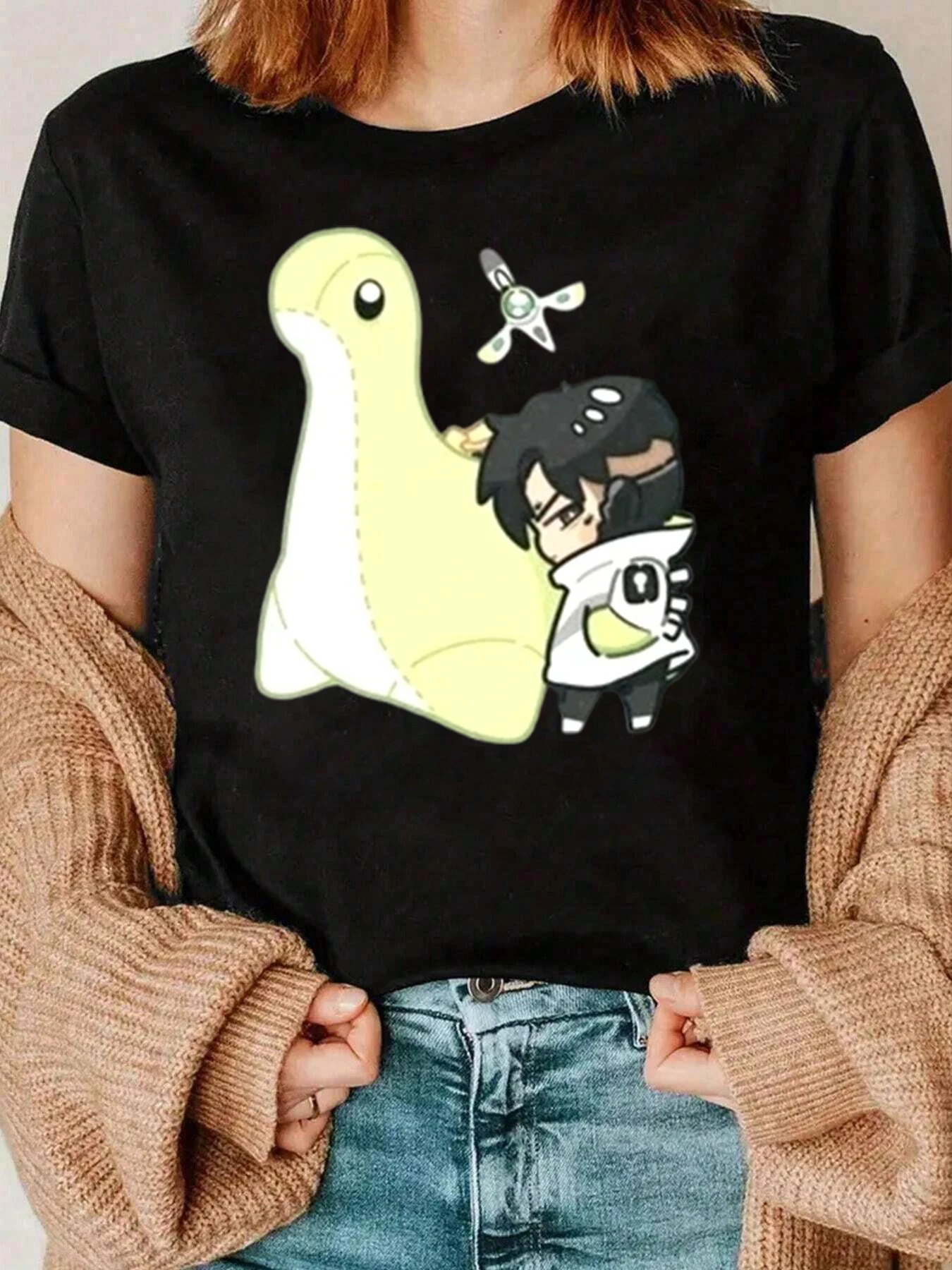 Slak en jongen cartoon print T-shirt vrijetijdskleding voor dames 220g