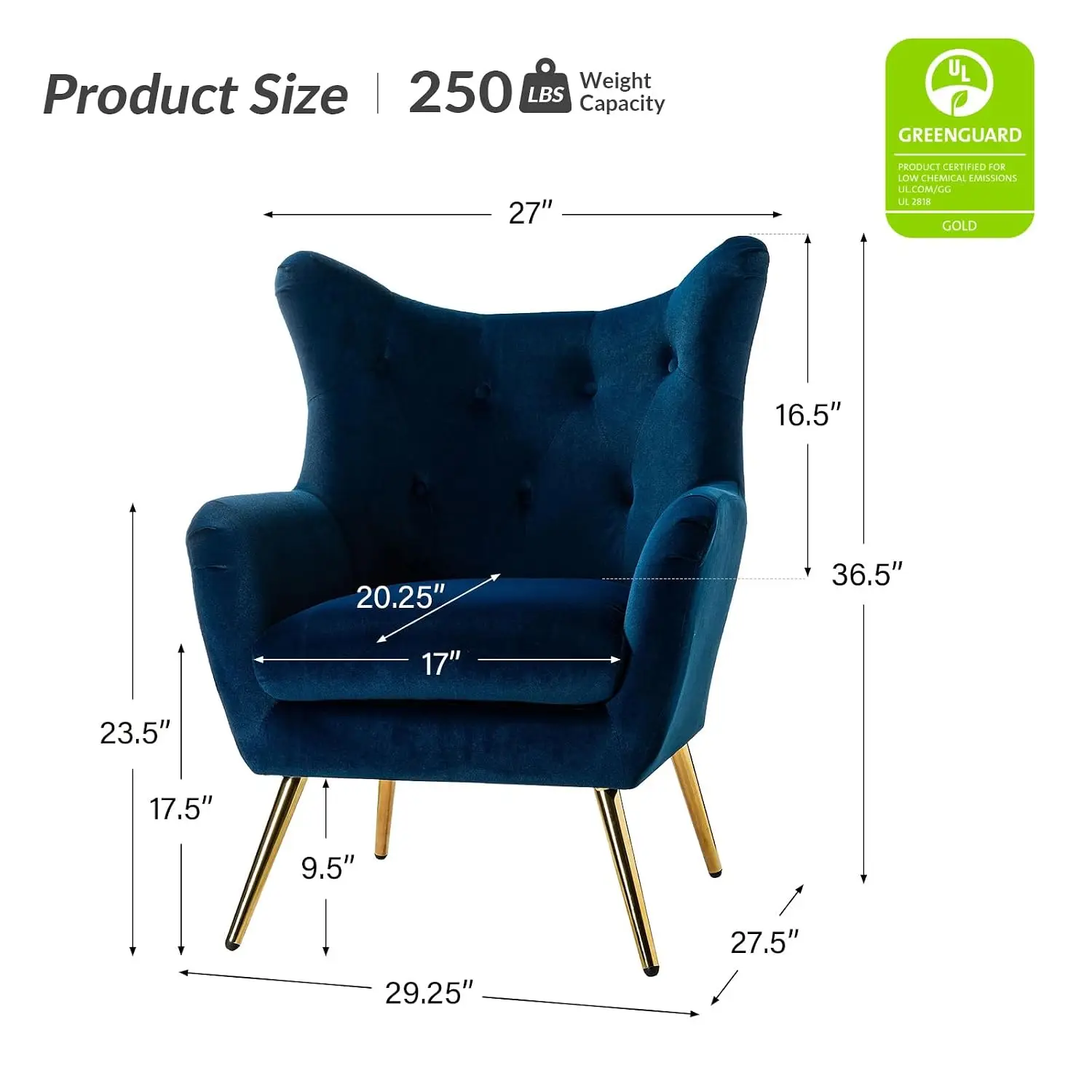 Velvet Wingback Accent Chair, Tufted Armchair with Gold Metal Legs for Living Room Bedroom Dining, Customized