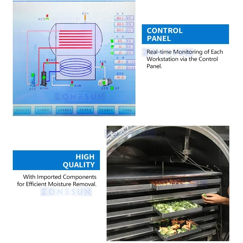 ZONESUN mesin pengering beku, peralatan pengering pembekuan makanan kering vakum ZS-FD650 untuk industri