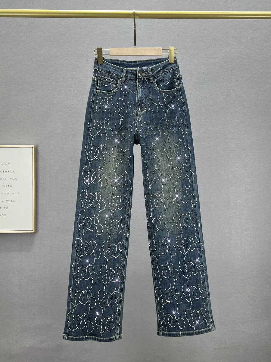

Heavy Du High Waist Women's Jeans Straight Leg Long Diamond Studded Cotton Stretch Denim Thi Autumn Faion plus Size