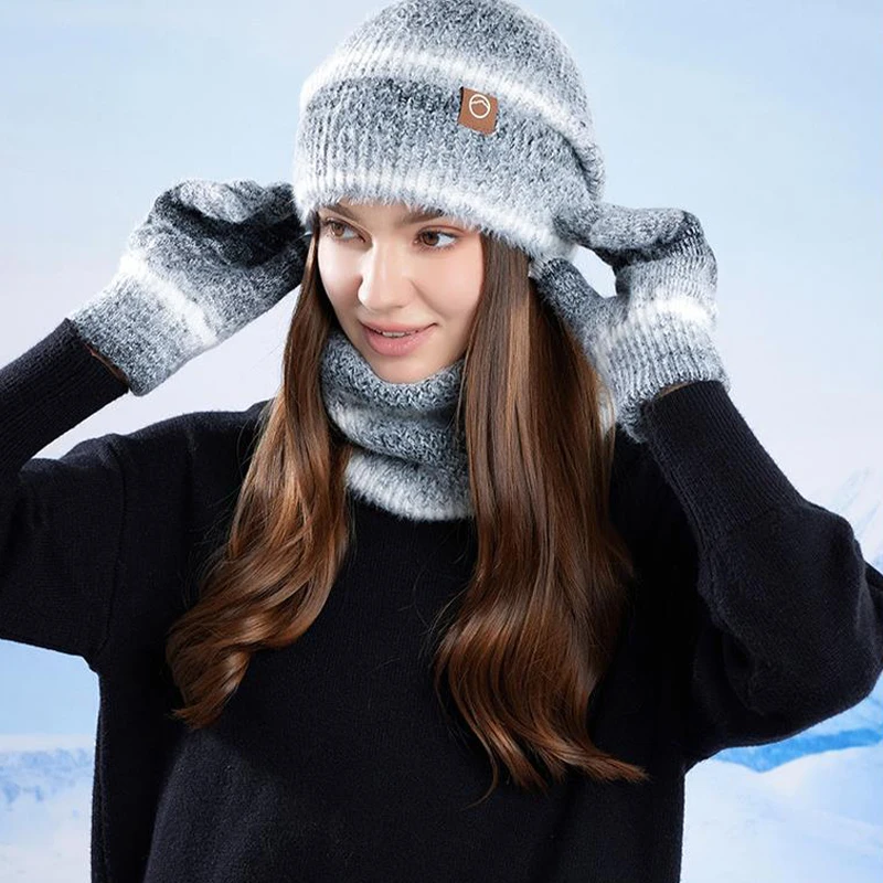 مجموعة قفازات وشاح قبعة شتوية محبوكة للنساء مكونة من 3 قطع من إكسسوارات الملابس الدافئة للطقس البارد
