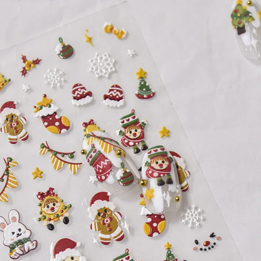 Nail Art Stickers Embossed Christmas Penguin Snowman Japanese Retro Self Adhesive Film Decals Colorful Lightweight DIY Decor
