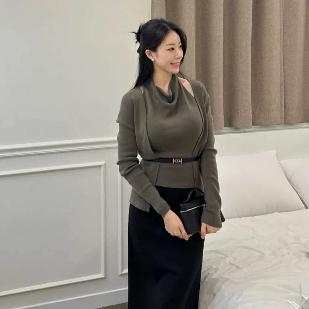 

Осенне-зимний шикарный вязаный топ с капюшоном для женщин: элегантный, стройнящий, модный, из полиэфирного волокна, повседневная одежда