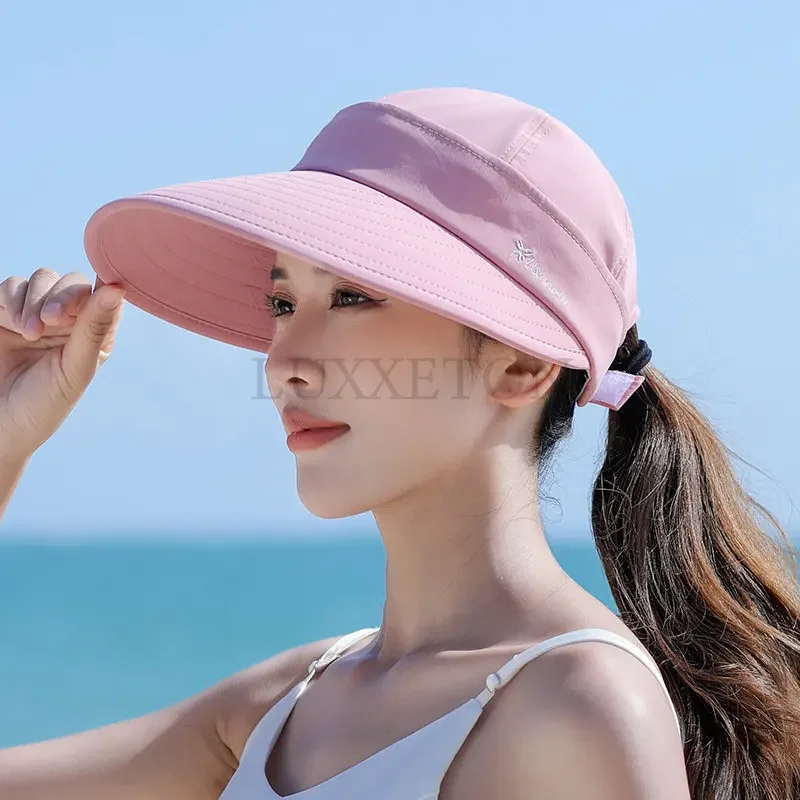 Summer Women Ponytail Empty Top Cap Wide Brim Anti-UV Bowknot Beach Hat Ladies Foldable Zipper Decoration Travel Sunscreen Caps