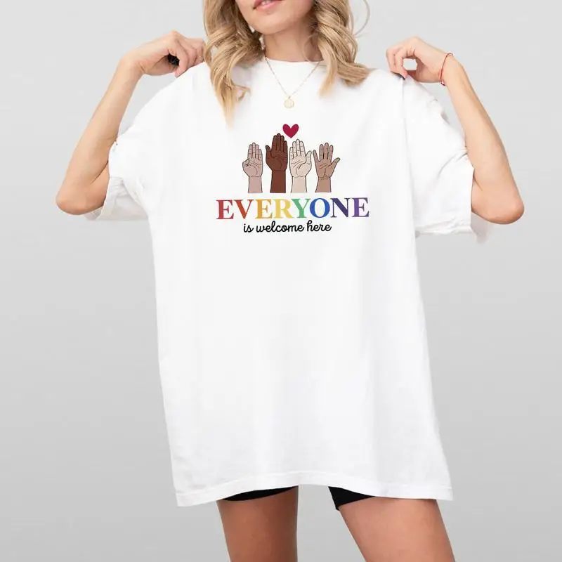 

Women's Inclusion Diversity T-Shirt | "Everyone Is Welcome Here" Rainbow Hands Graphic Tee | LGBTQ+ Ally Social Justice Gift Top