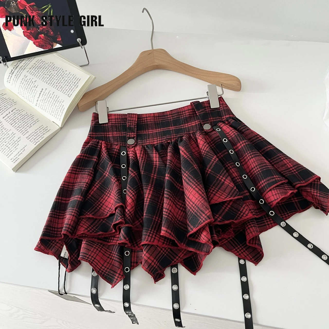 2000er Jahre Y2k Plaid Print Unregelmäßige Falten A-Linie Miniröcke Gothic Harajuku Rock Punk Rock Subkulturen Rot Preppy Style Skater
